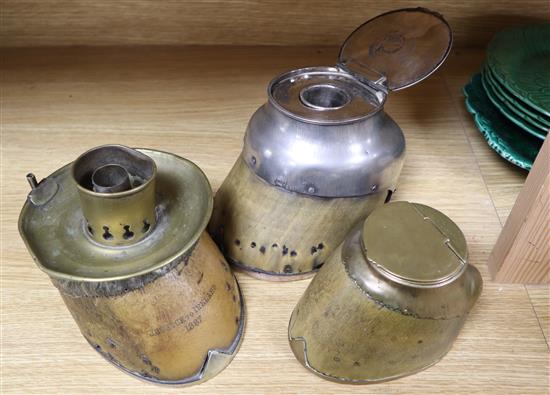 A Victorian horse hoof lamp, engraved Justice to Ireland 1887 and two hoof inkwells, one marked Rowland Ward, tallest 14cm